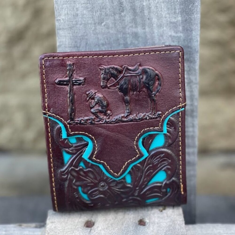 Embossed Praying Cowboy in Coffee Leather with Turquoise Inlay Bifold Wallet